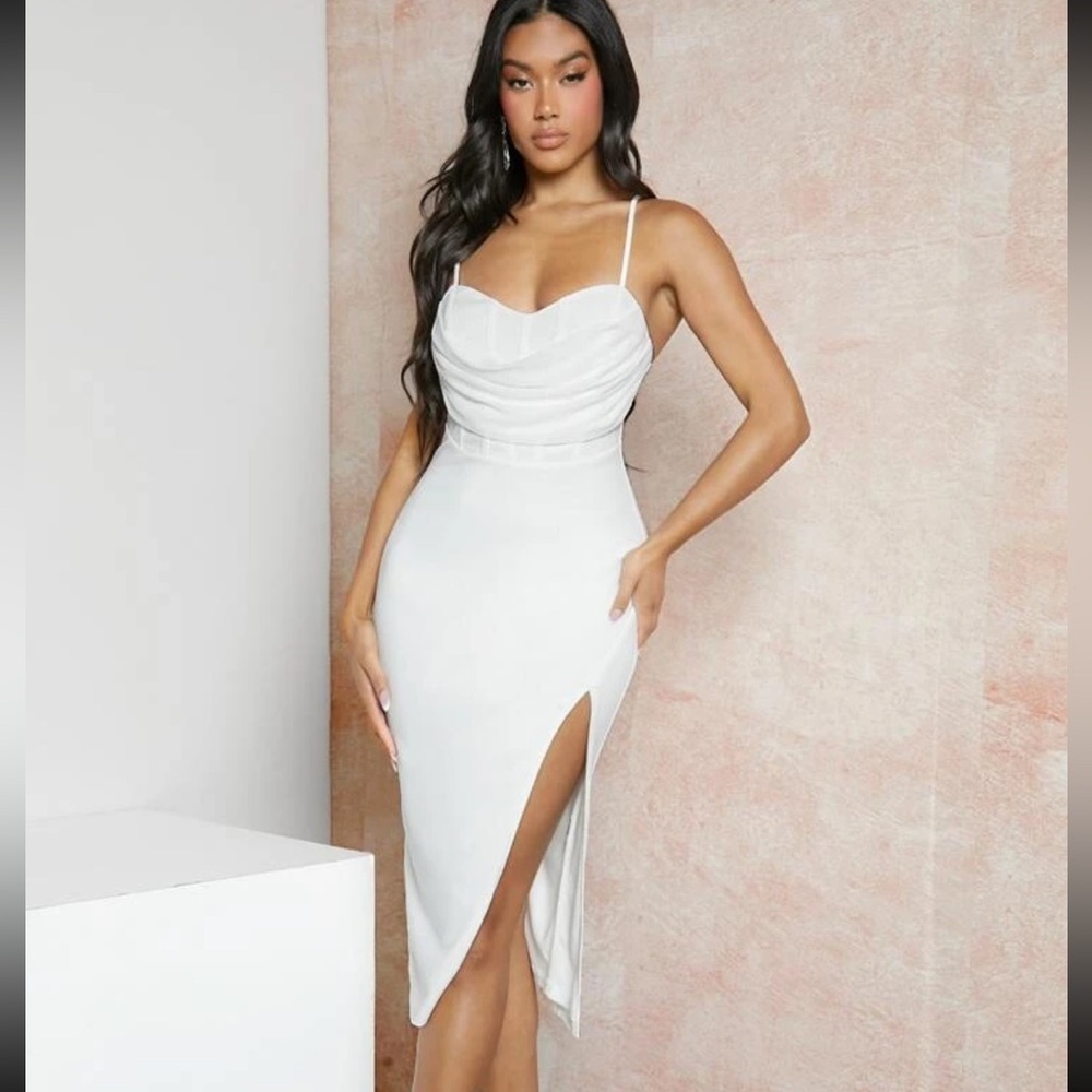 White Dress Draped Front Bustier Dress Midi length Bridal Engagement - Picture 2 of 3